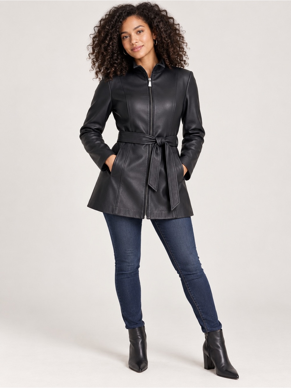 Worthington Genuine Leather Belted Coat Black Medium Petite
